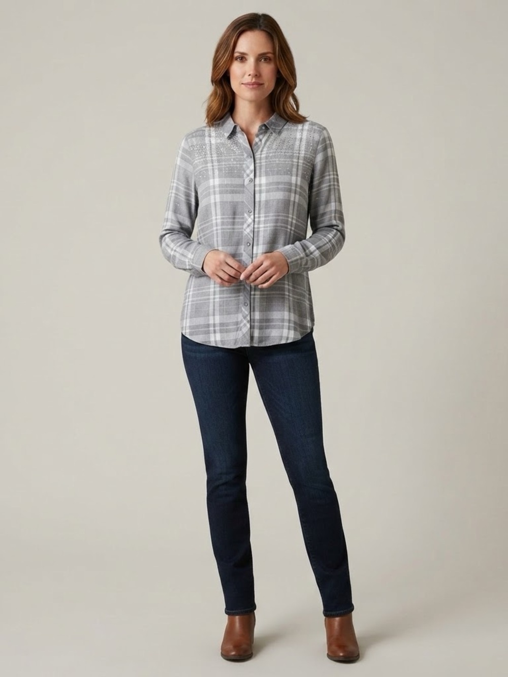 Como Vintage Plaid Button Down Women Large Grey Rhinestone Shirt